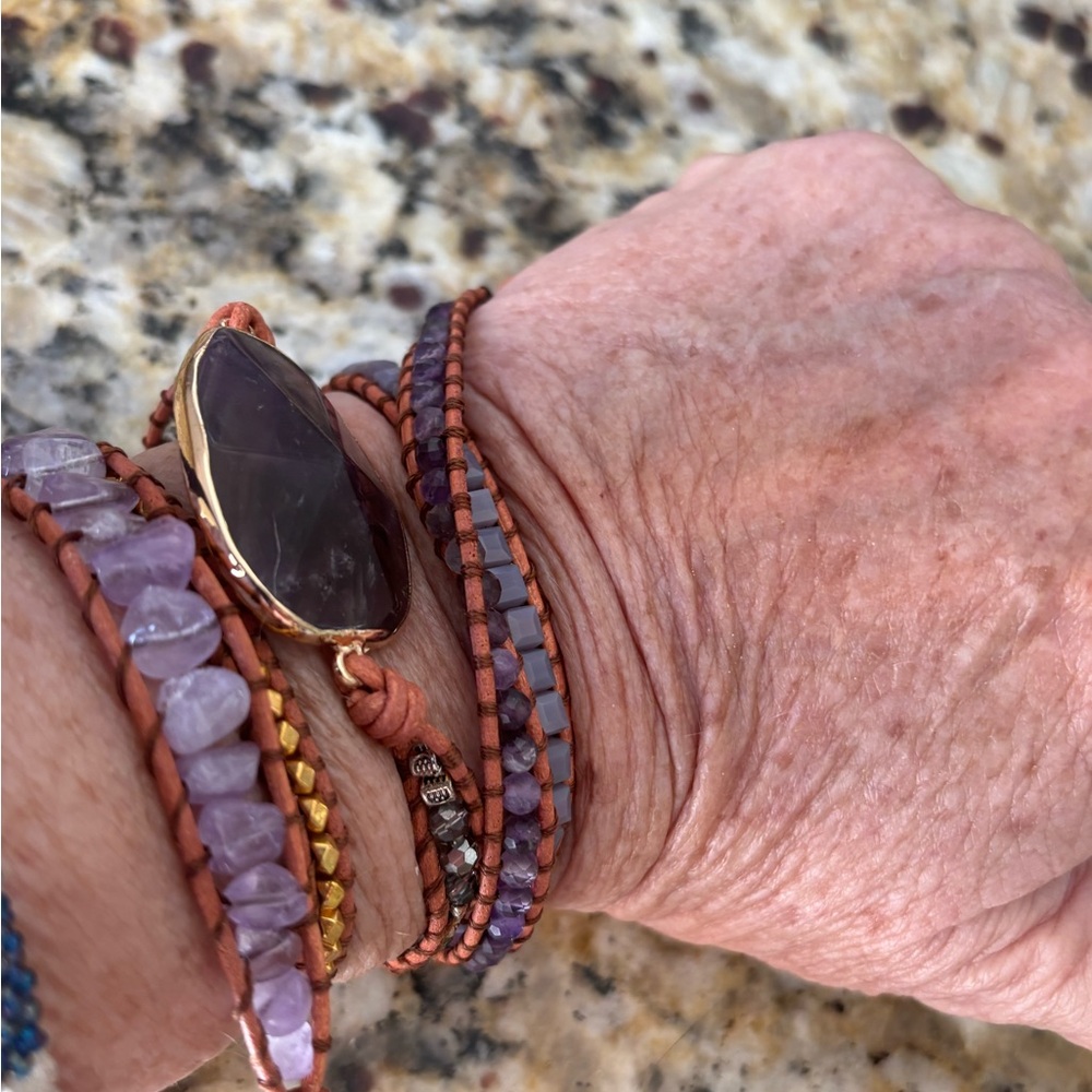 CLEARANCE Boho Handmade Wrap Leather Tube Crystal Stone Bracelet Amethyst stone. - Picture 8 of 8